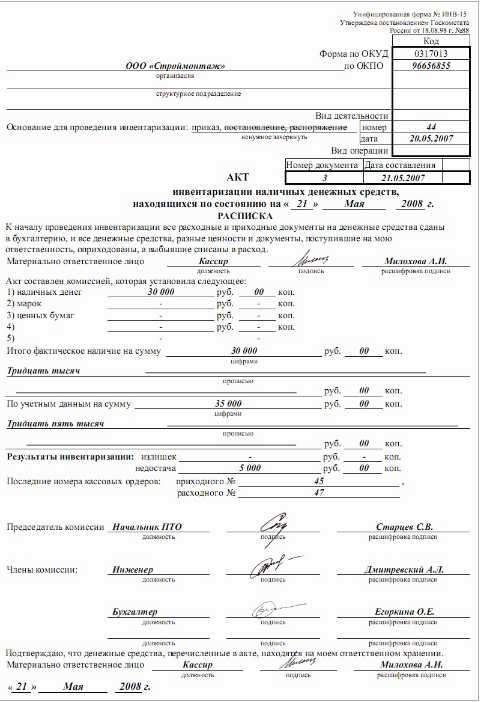 акт инвентаризации наличных денежных средств в кассе