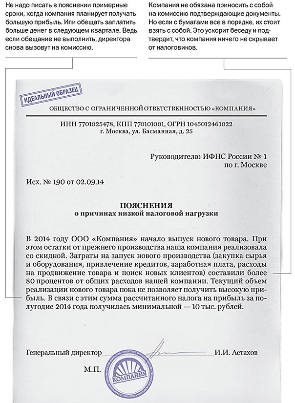 пояснения в налоговую о низкой налоговой нагрузке по прибыли образец