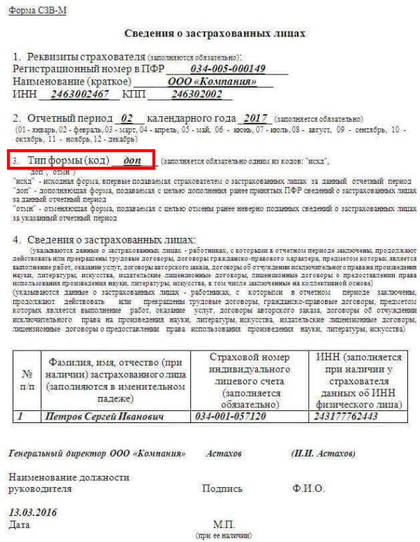 СЗВ-М дополняющая пример заполнения