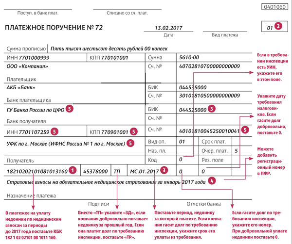 платежное поручение на уплаты взносов ОМС
